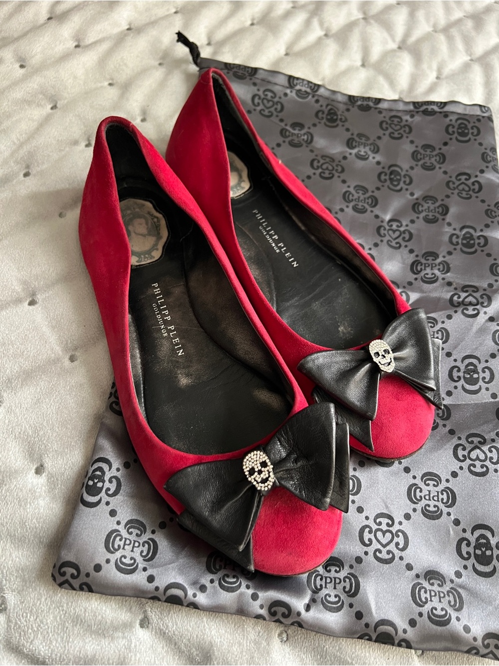Philipp Plein Red Suede Flats with Black Bow & Skull Accent